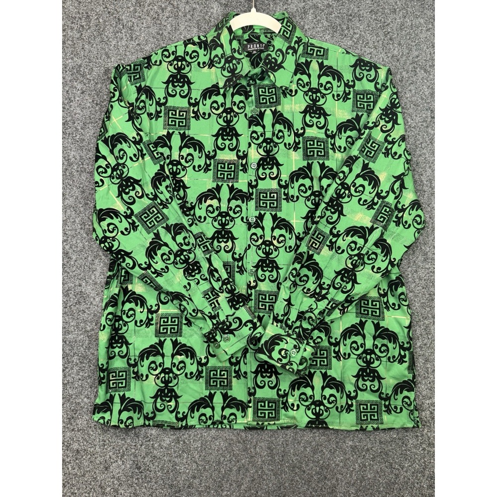 Pronti Collection by Phita Mens XL Green Black Flocked Button Up Shirt Nightlife - Picture 2 of 9